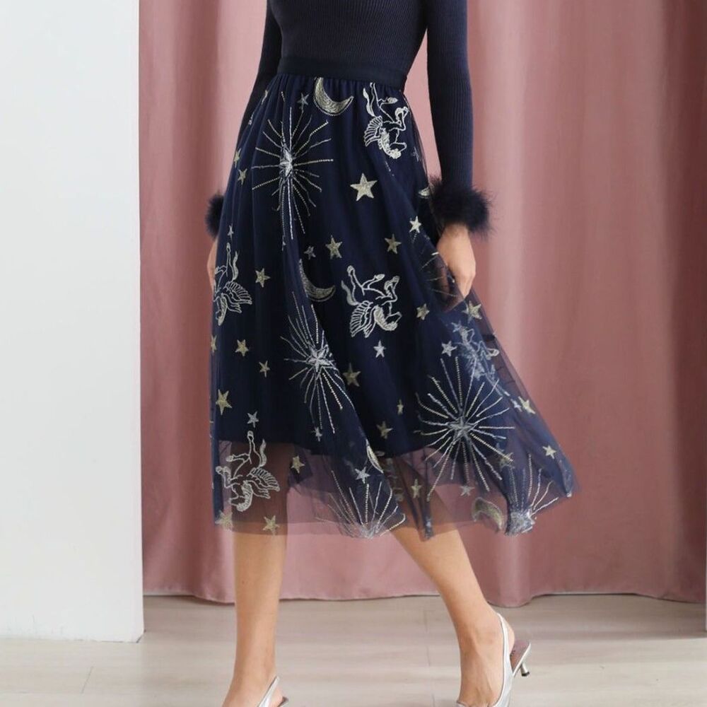 ChicWish, Navy Celestial Tulle Midi Skirt S/M Stars Moon Gold Glitter Whimsigoth
